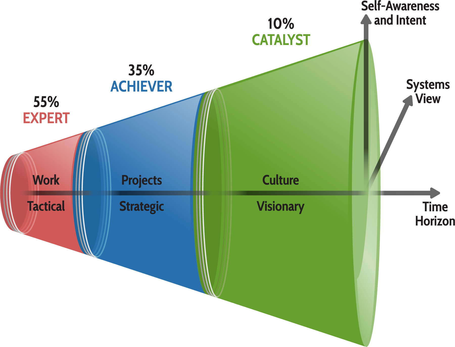 leadership agility cone showing Expert, Achiever, and Catalyst orientations with increasing systems view and time horizon