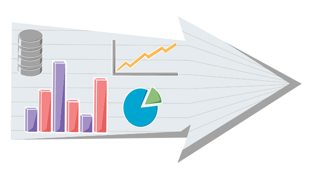 Data visualization arrow showing bar graph, line graph, pie chart, and database.