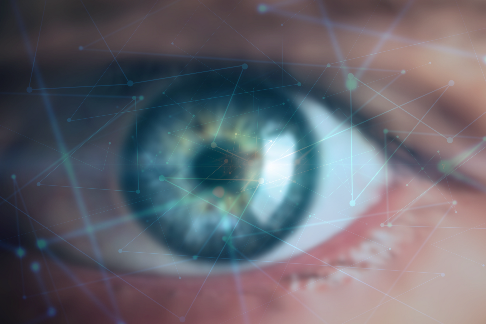 A close-up of a person's eye with a futuristic background.