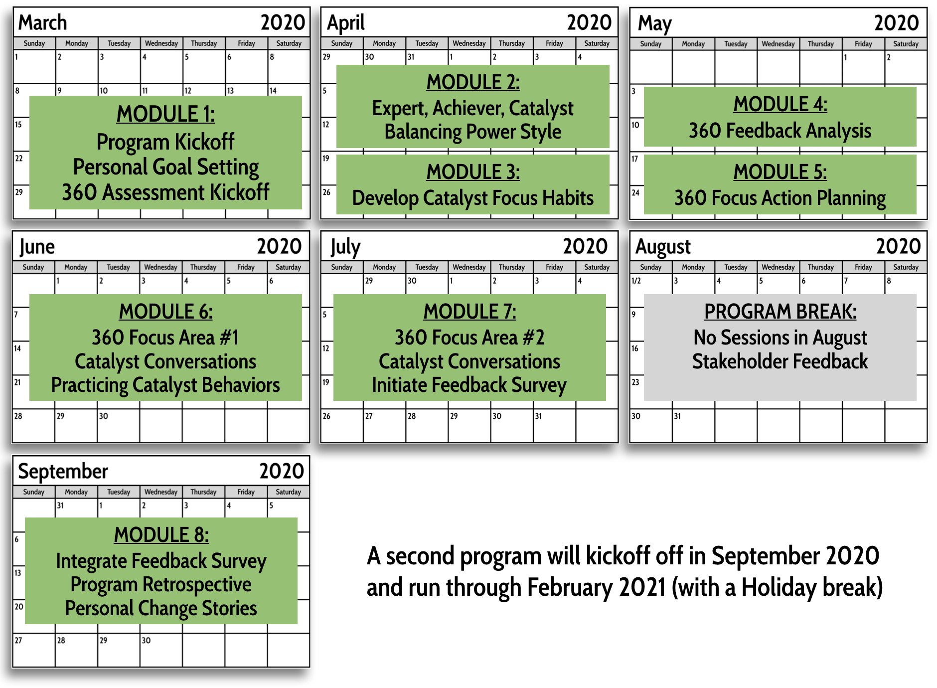 A calendar shows a second program will kick off in september 2020 and run through february 2021 with a holiday break