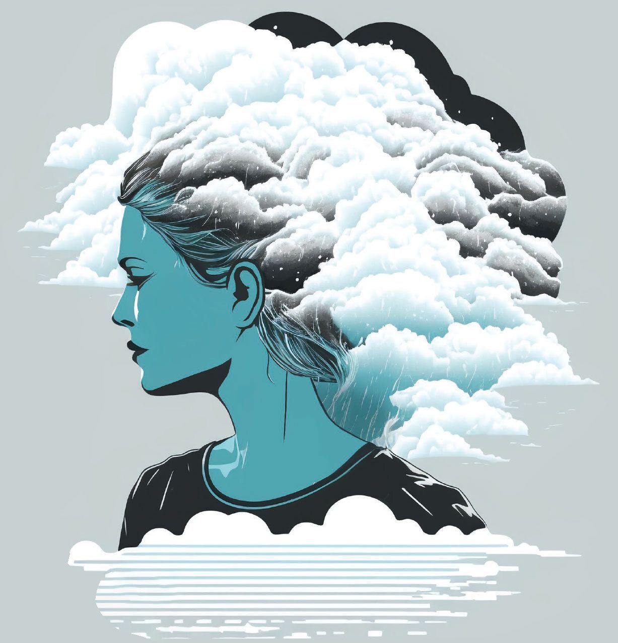 Illustration of a woman with clouds covering her head