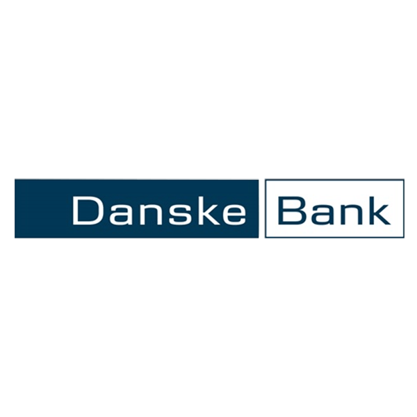 A blue and white logo for danske bank on a white background.