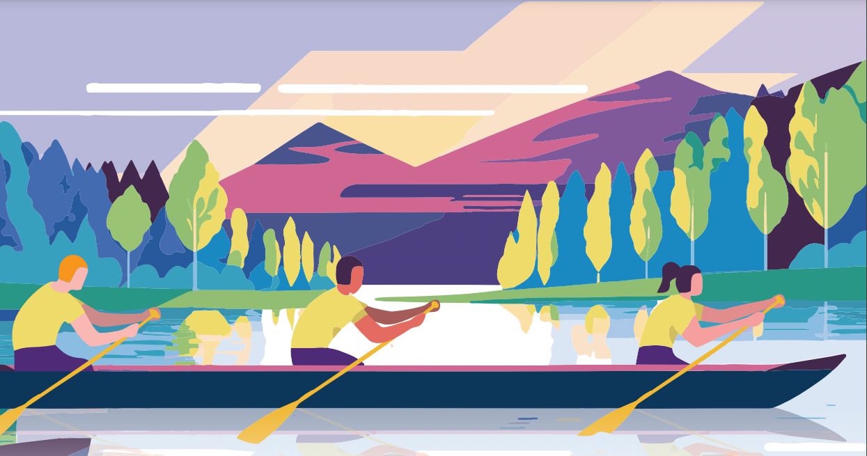 An illustration of people rowing in a crew boat on a lake with trees and mountains in the background