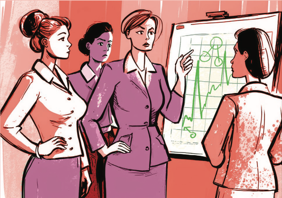 Illustration of three women discussing a chart.