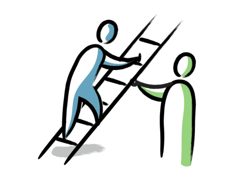 A person is helping another person climb a ladder.