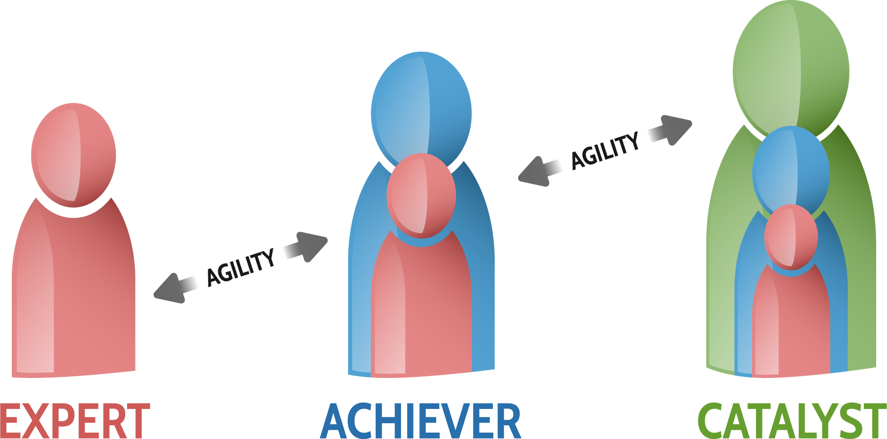 A diagram showing a person from expert to achiever to catalyst