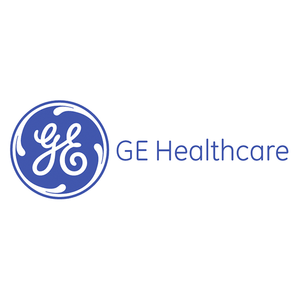 A blue and white logo for ge healthcare on a white background.