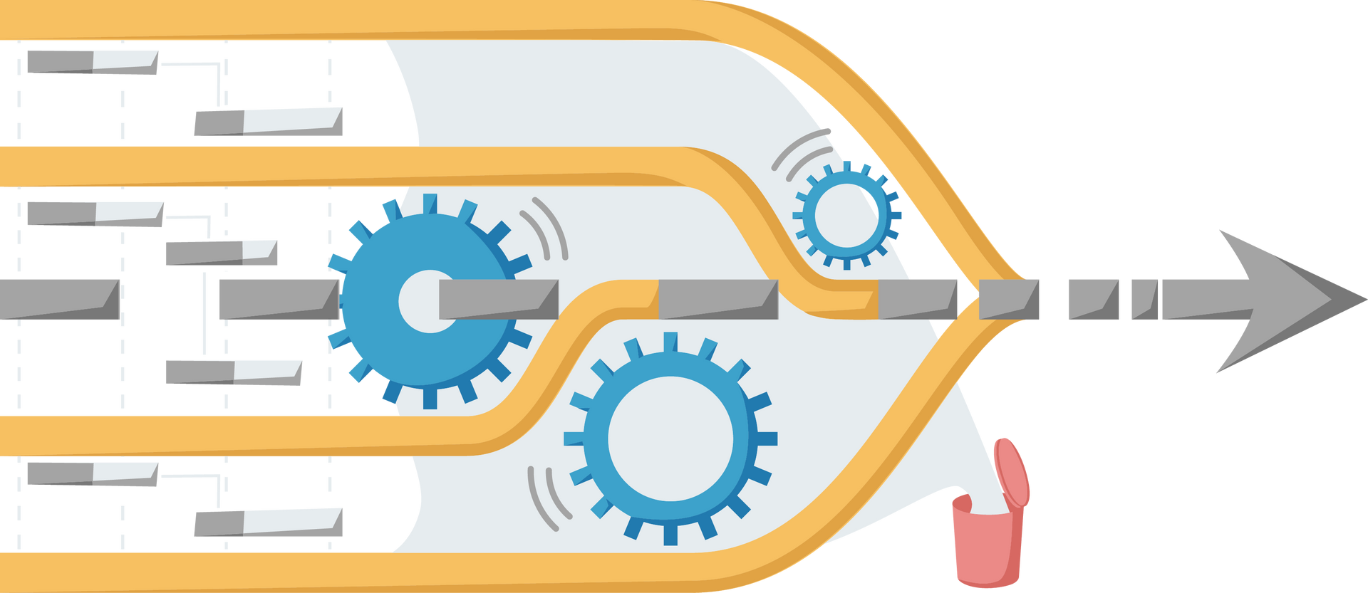 Process flow diagram with gears merging multiple streams into a single output arrow.