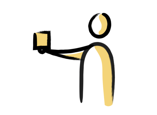 A stick figure is holding a box in his hand.