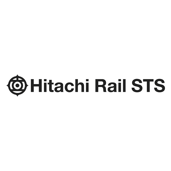 The hitachi rail sts logo is black and white on a white background.