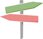 A green and a red arrow pointing in opposite directions on a pole.