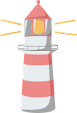 A cartoon illustration of a red and white striped lighthouse.