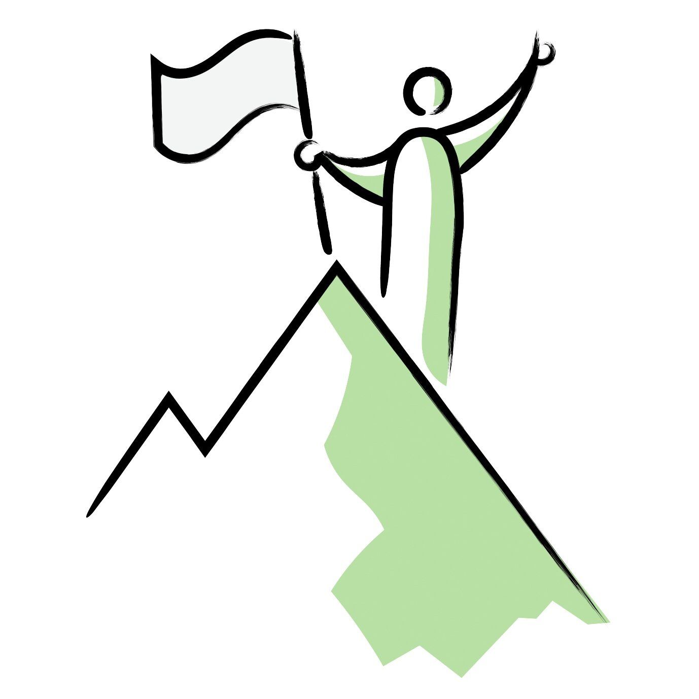 A stick figure is standing on top of a mountain holding a flag.