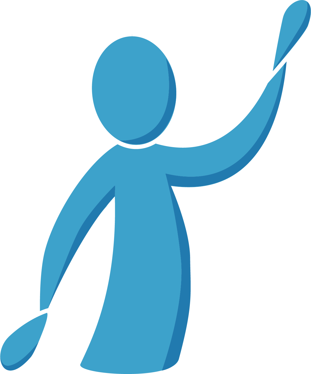 A blue icon of a person holding a stick