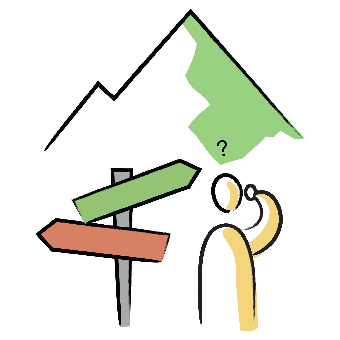 A cartoon of a person standing in front of a mountain with arrows pointing in different directions.