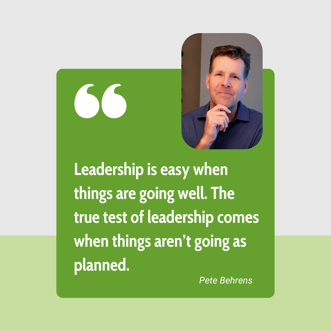 A picture of a man with a quote that says leadership is easy when things are going well