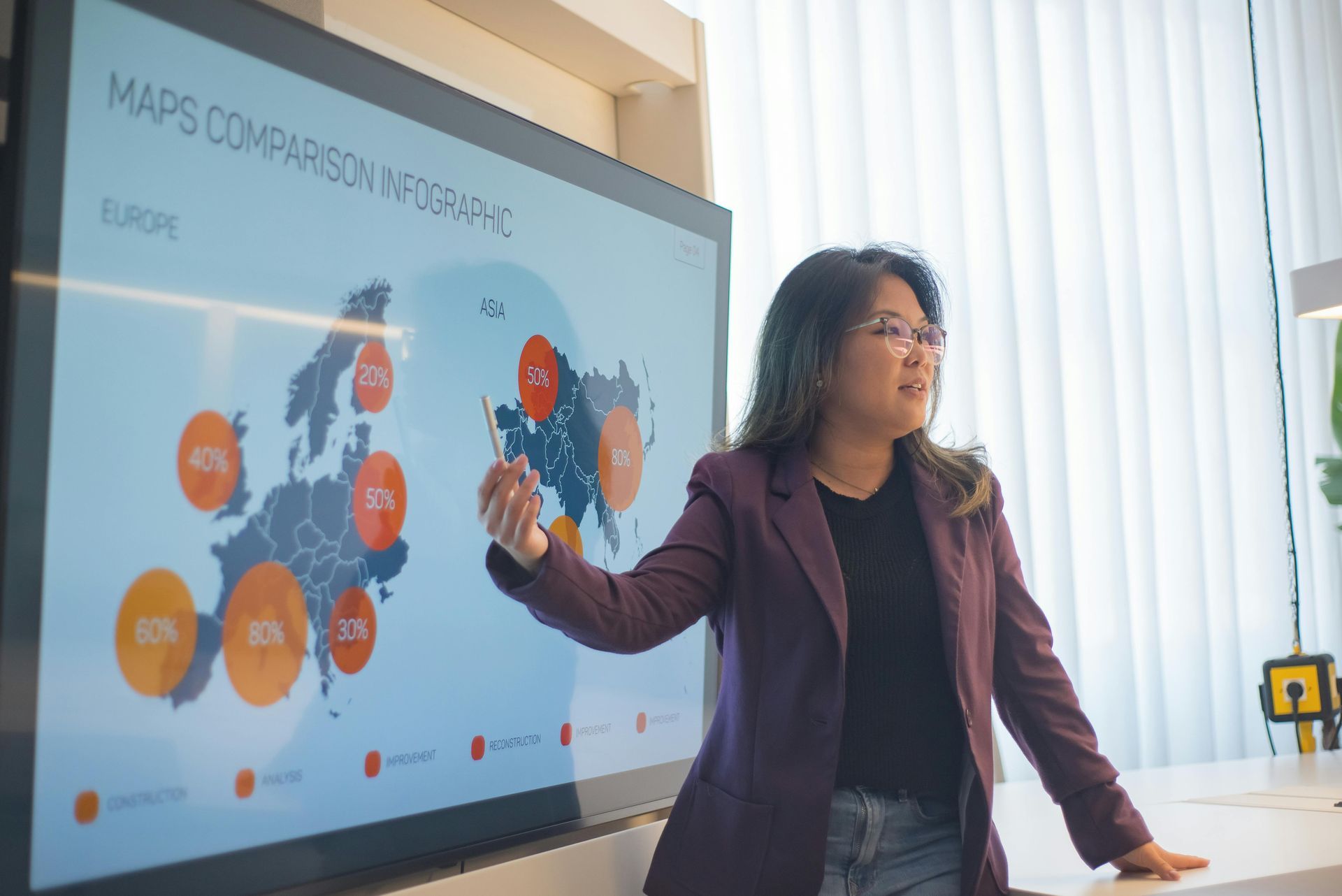 A woman is giving a presentation in front of a large map.