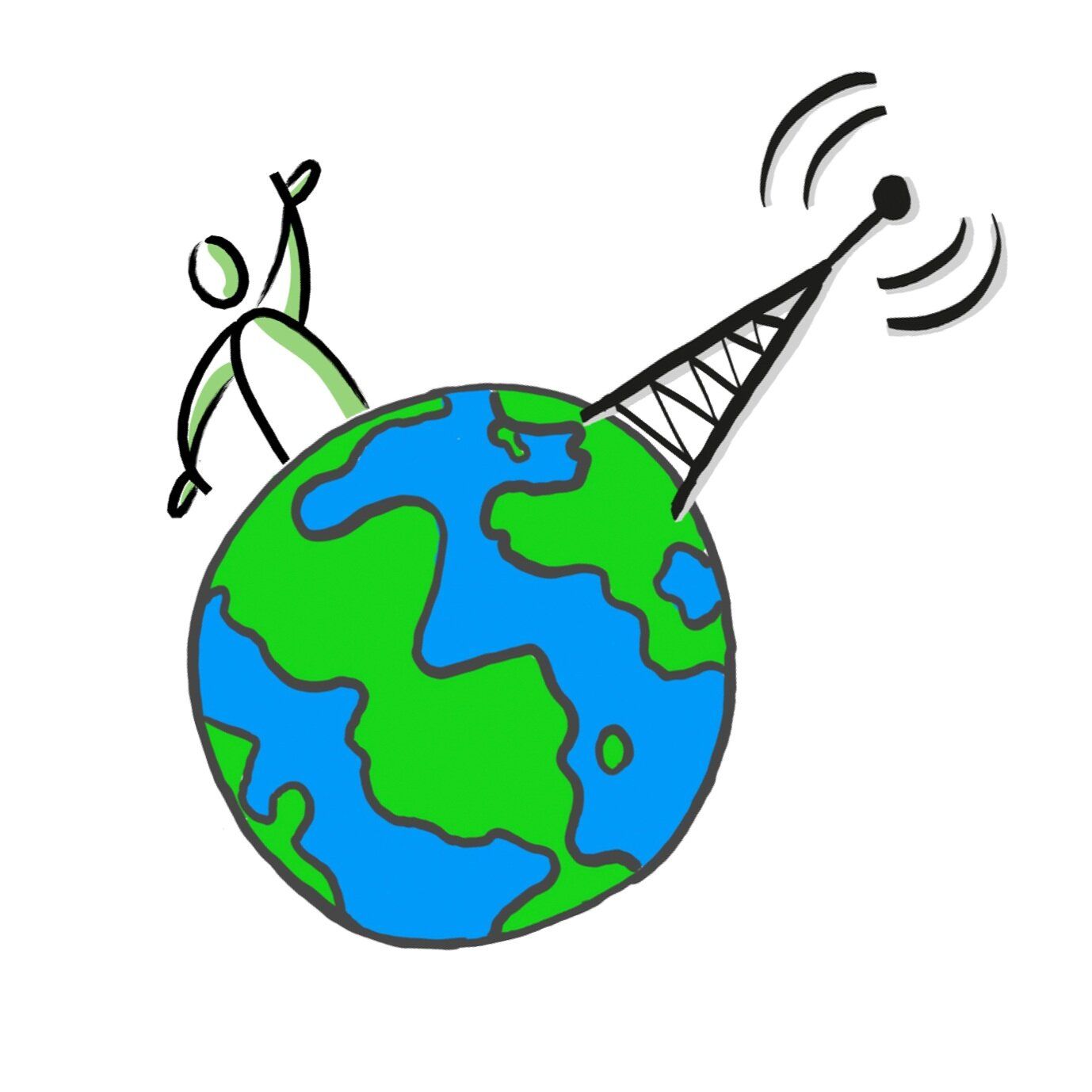 A stick figure is standing on top of a globe