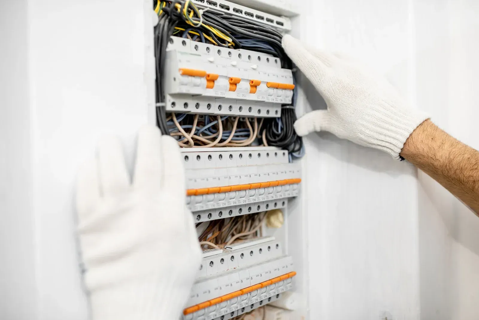A person wearing white gloves is working on an electrical box.