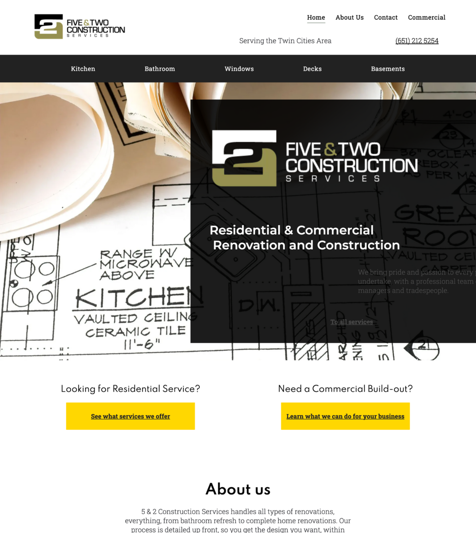 Website homepage for Five & Two Construction, featuring architectural drawings and logo with contact information.