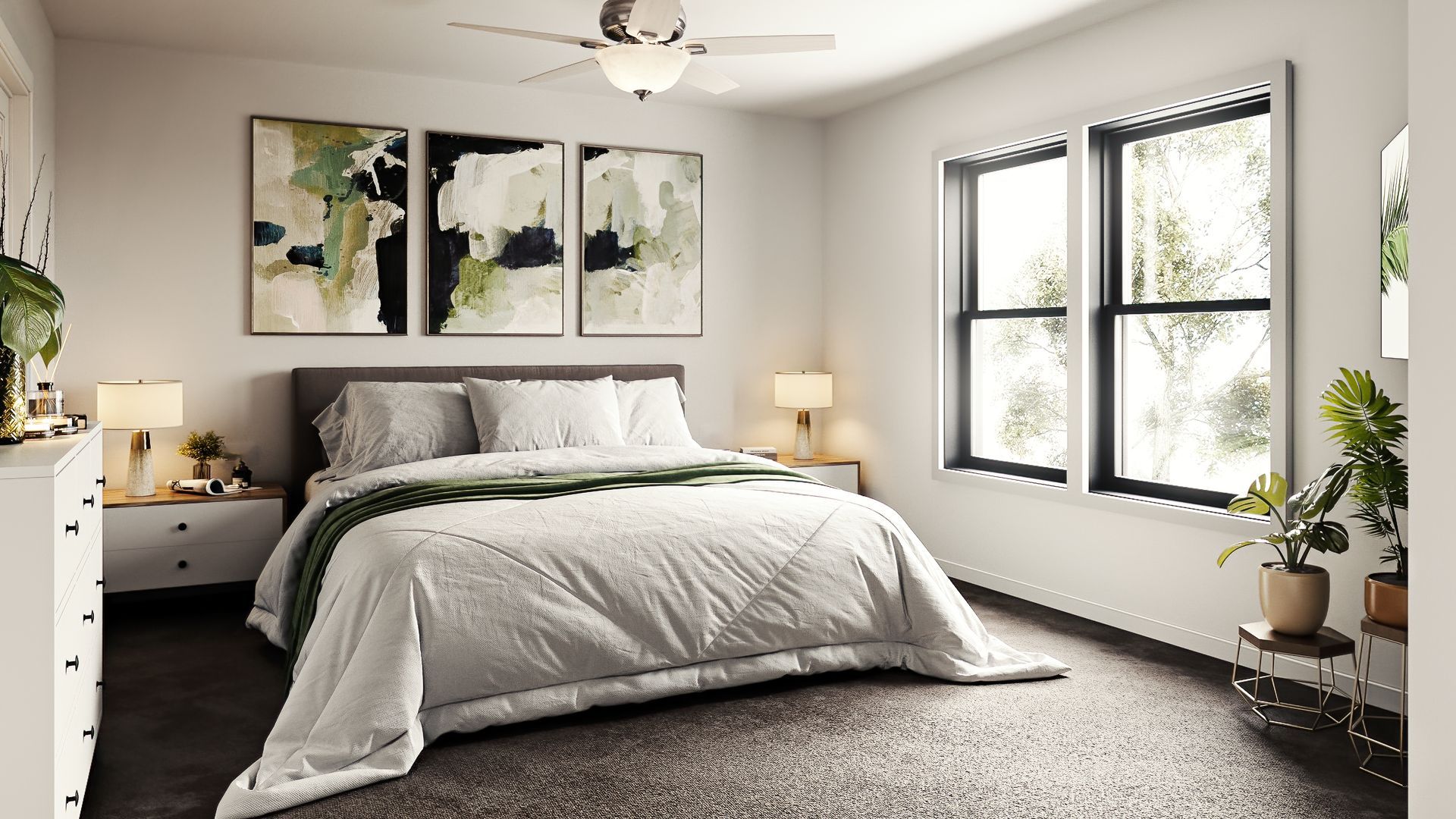 Bedroom with bed, artwork, and large window. Green and white color scheme.