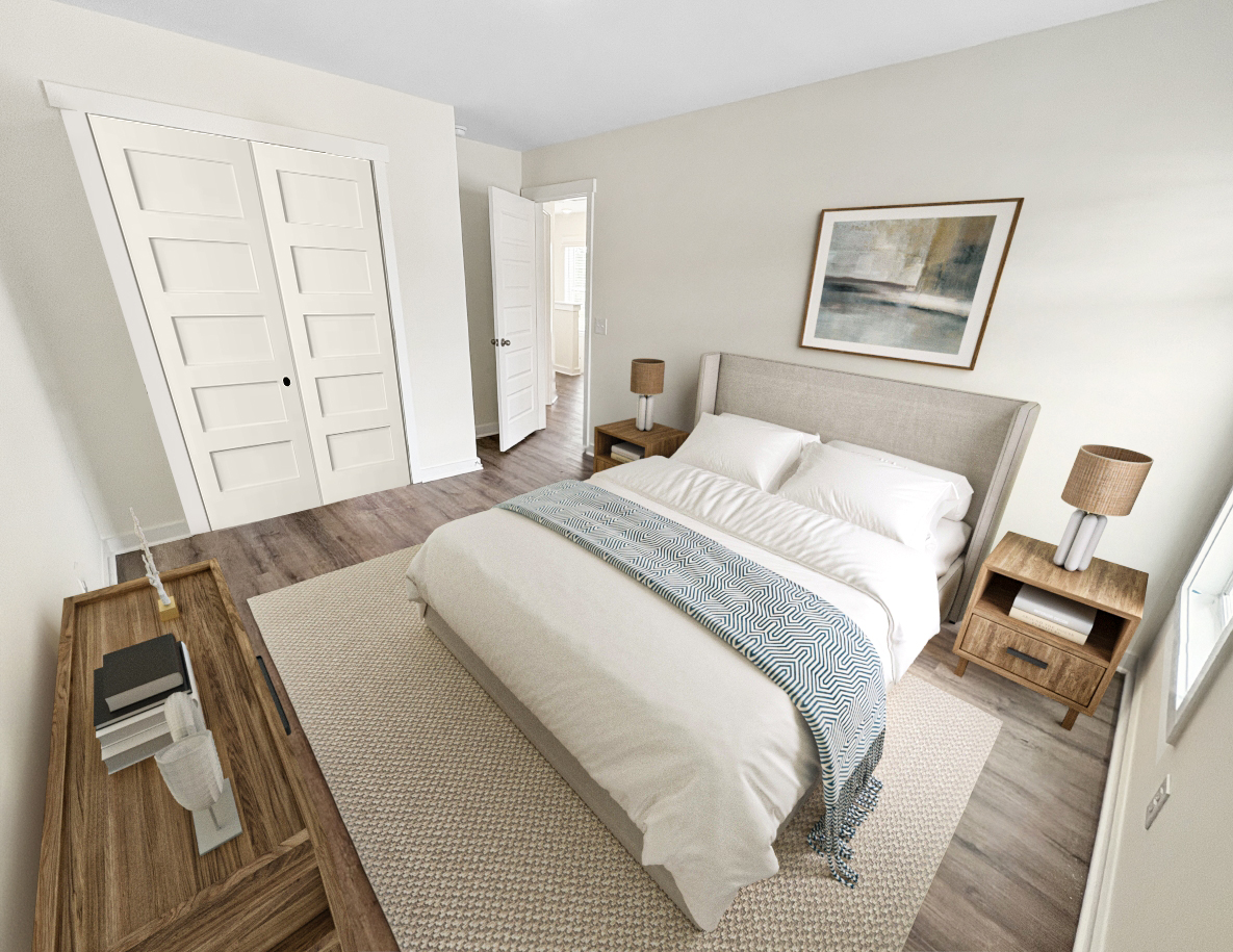 Bedroom with bed, nightstands, rug, closet, dresser, and artwork.