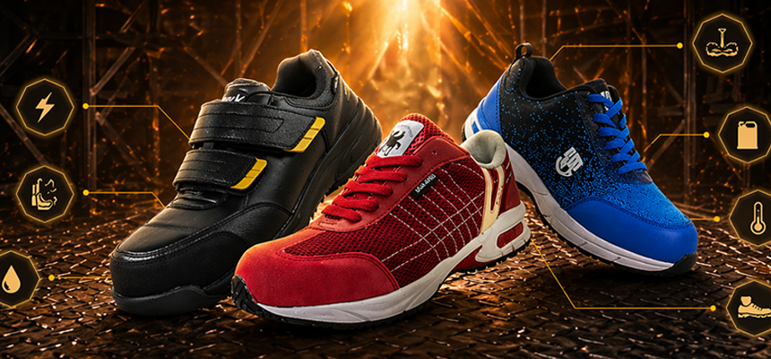 一雙深色跑鞋放在濕地上，旁邊有閃閃發光的橙色圖示和文字標籤。