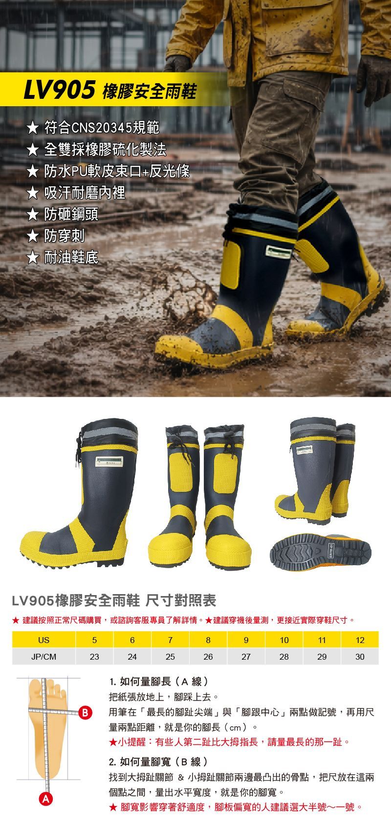 黃色工裝靴,印有文字:Yago 安全鞋。 「風雨無阻,安全可靠。」產品特點包括鋼製鞋頭、防穿刺保護和反光條。