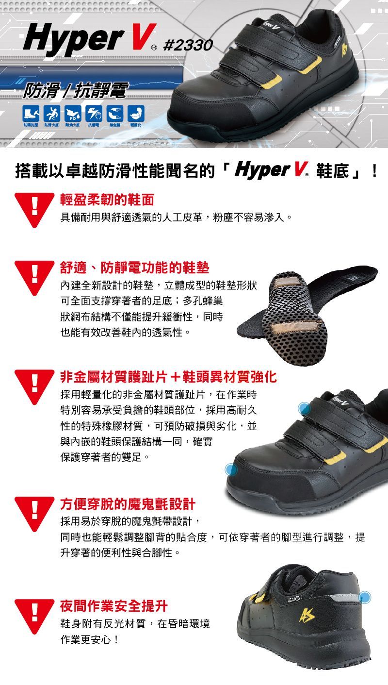 黑色Hyper V安全鞋，附魔鬼氈綁帶。文字為中文。