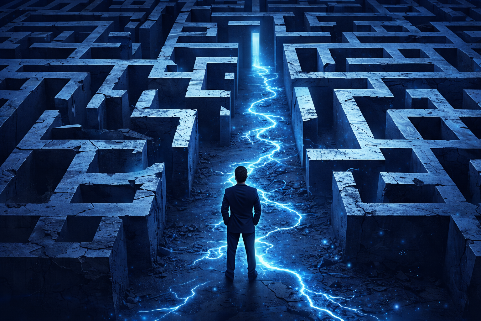 A person in a suit stands before a massive stone maze, with a bright, jagged blue electrical path leading to an exit.