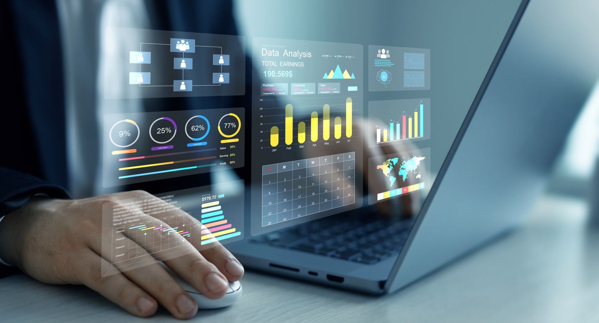A person working on a laptop, interacting with holographic data charts and business analytics overlaid on the screen.