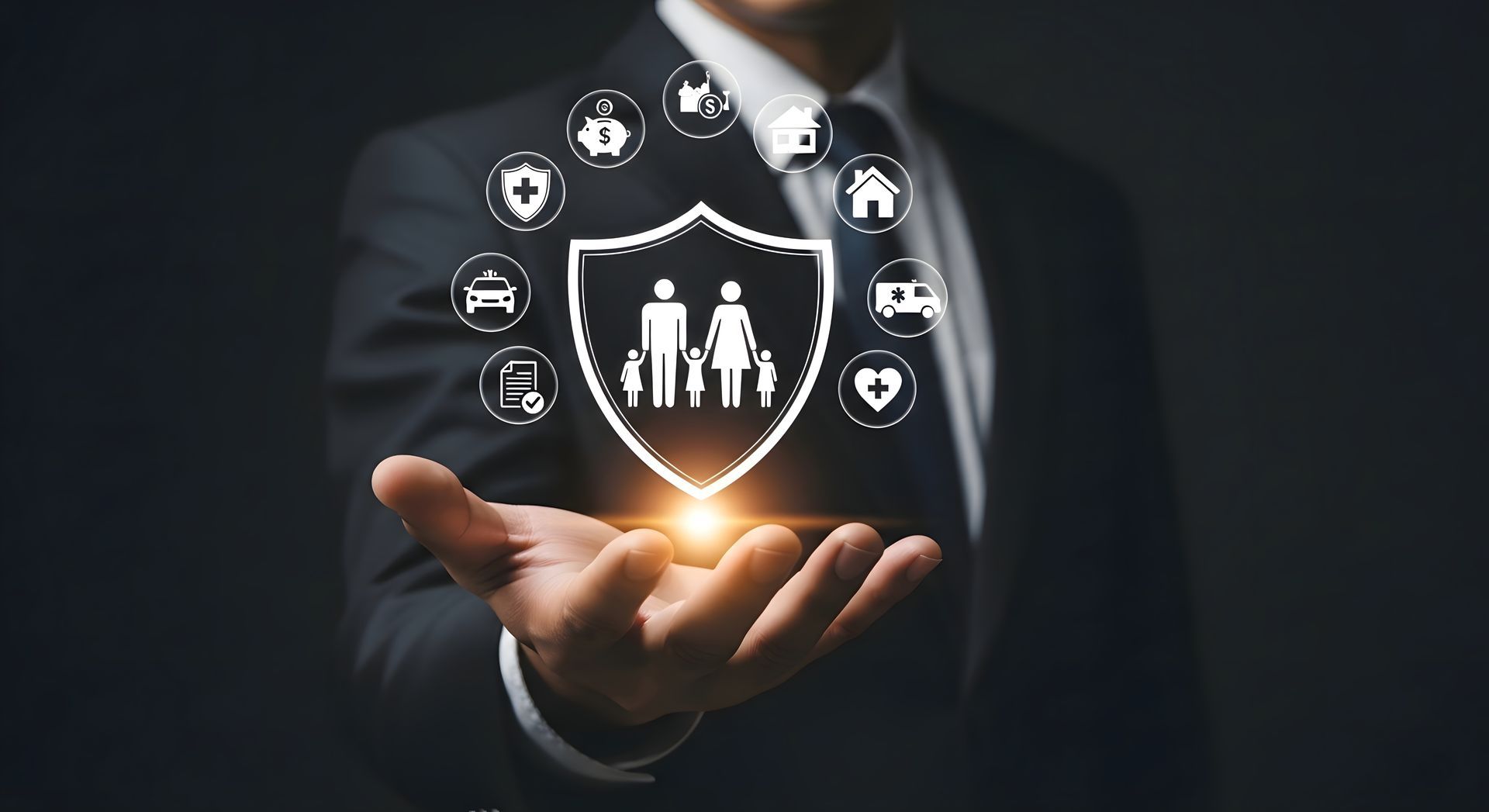 A person in a business suit holding a glowing shield icon containing symbols for family and insurance services.