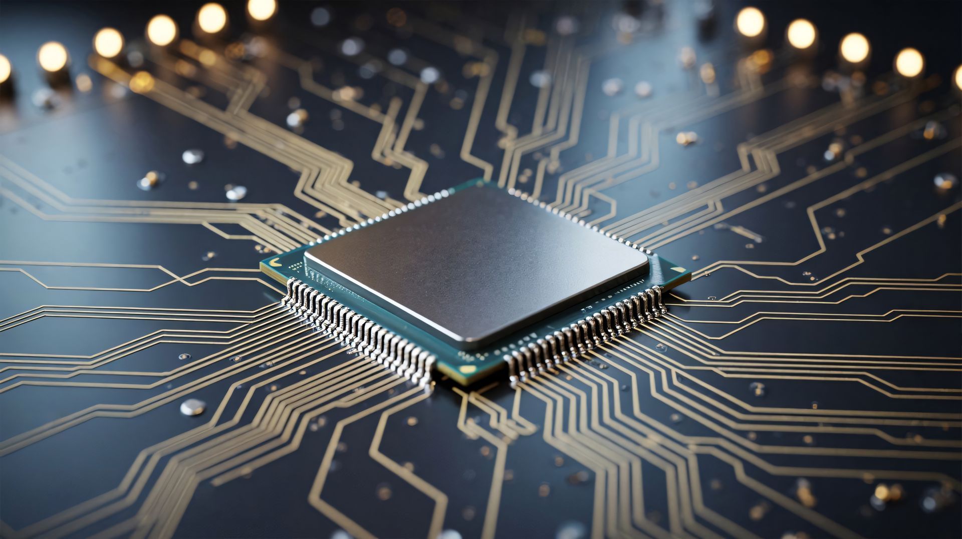 A close-up of a dark computer processor chip with intricate gold circuitry patterns branching across a dark background.