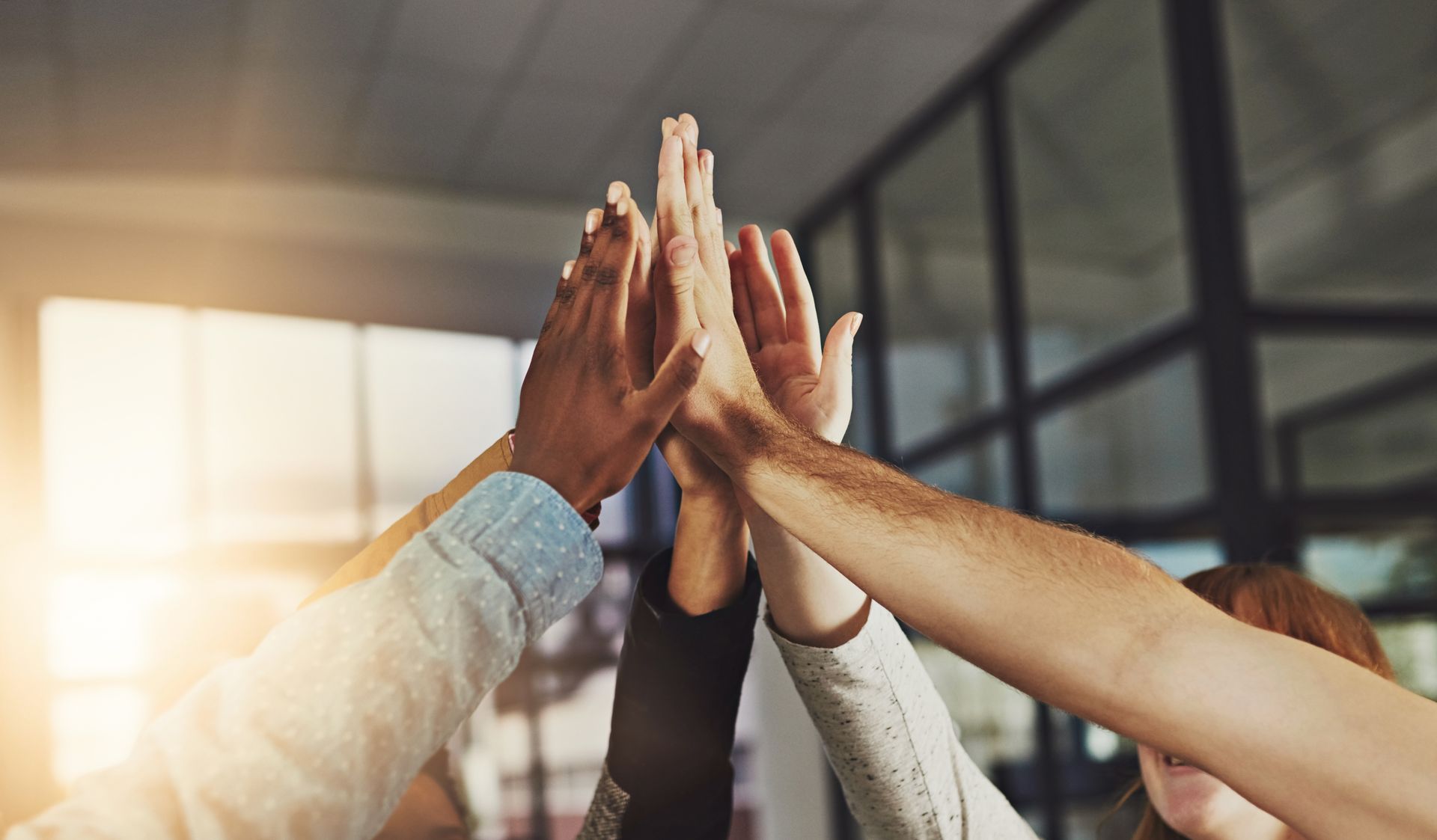 A close-up of a group of diverse hands meeting in the center to form a high-five in a bright, modern office space.