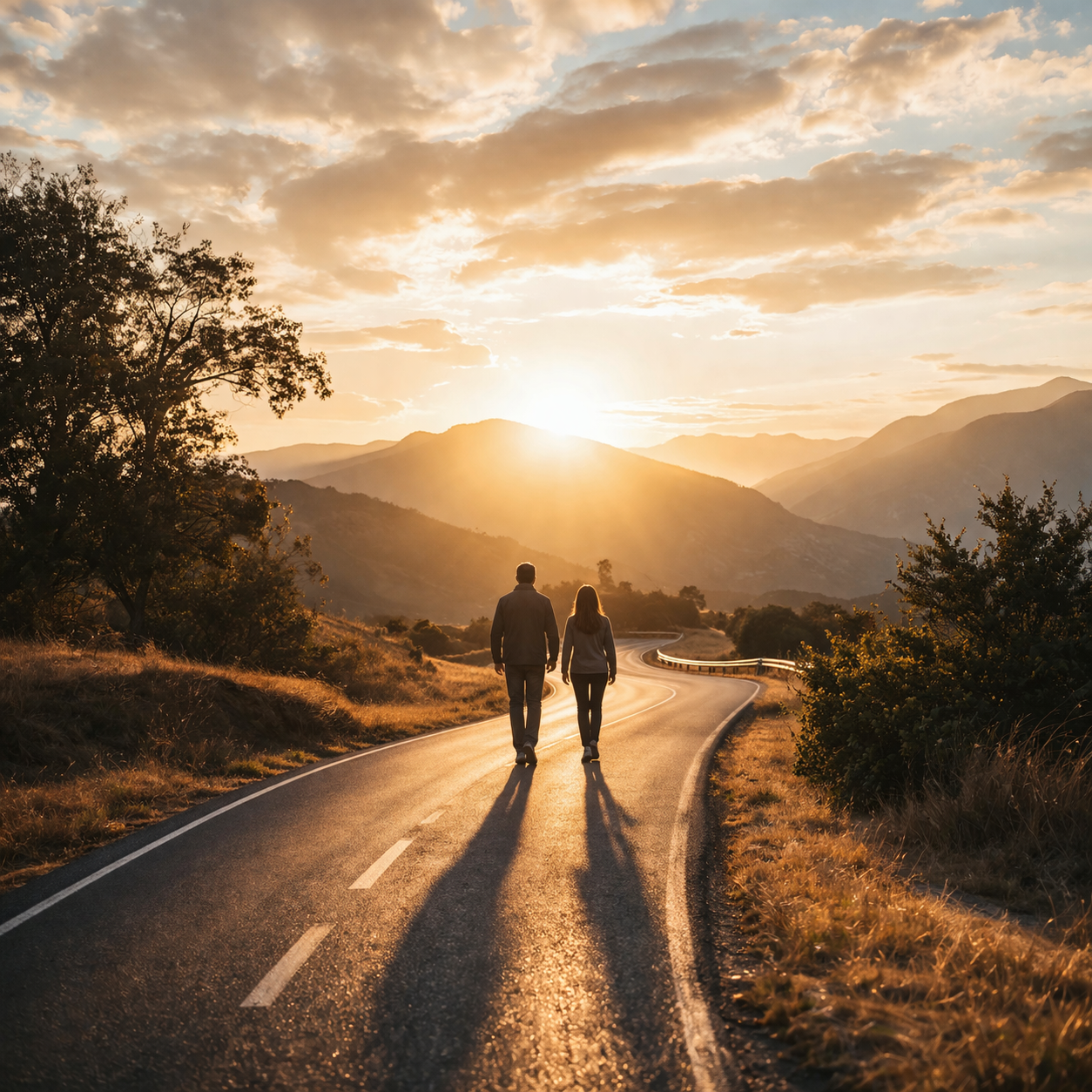 Two people walk away on a paved road toward a glowing sunset over rolling hills and trees.