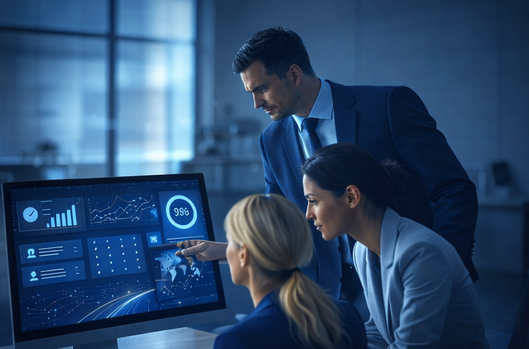Three business professionals in a dark office analyze glowing data visualizations and charts on a computer screen.