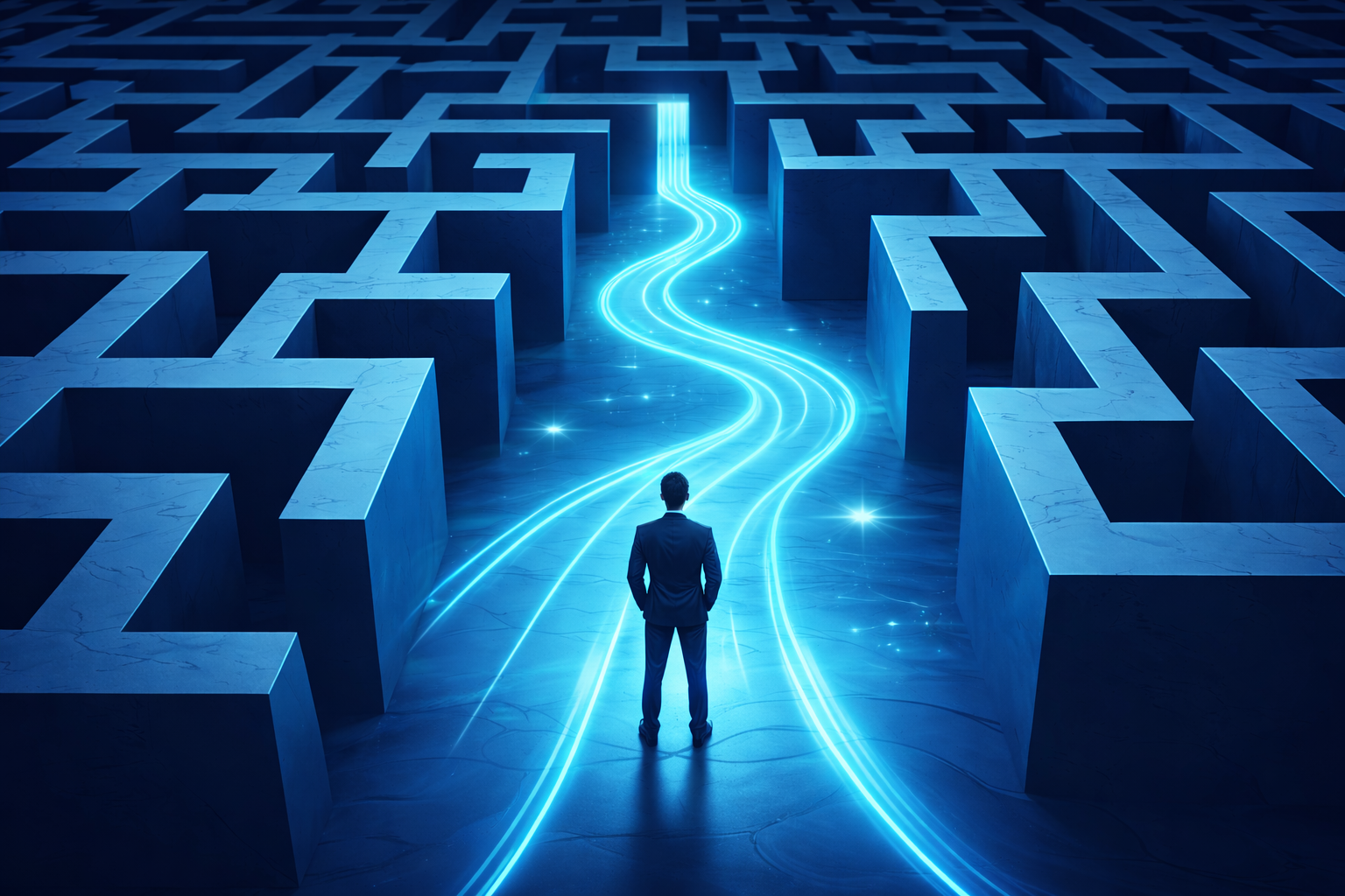 A person in a suit stands before a blue, glowing path that leads through a labyrinth toward a bright exit.