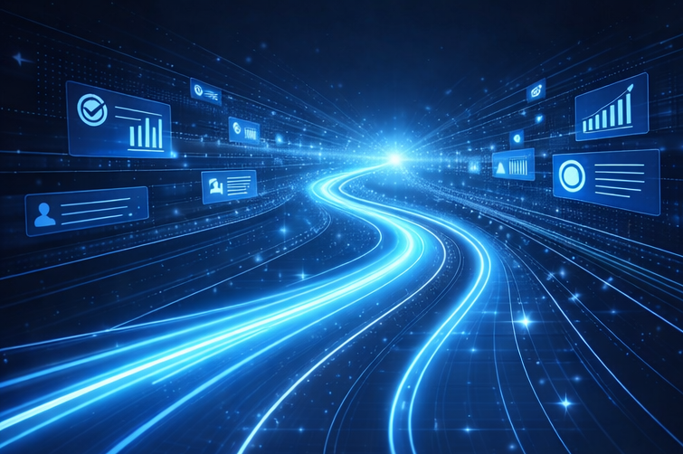 Glowing blue lines of light representing data streaming through a digital space with floating analytical icons.
