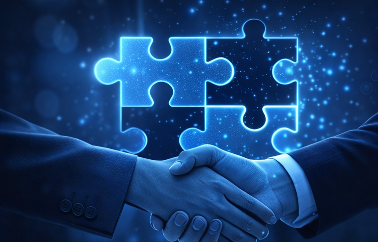 Two people in business attire shaking hands against a blue background with glowing, interconnected puzzle pieces.