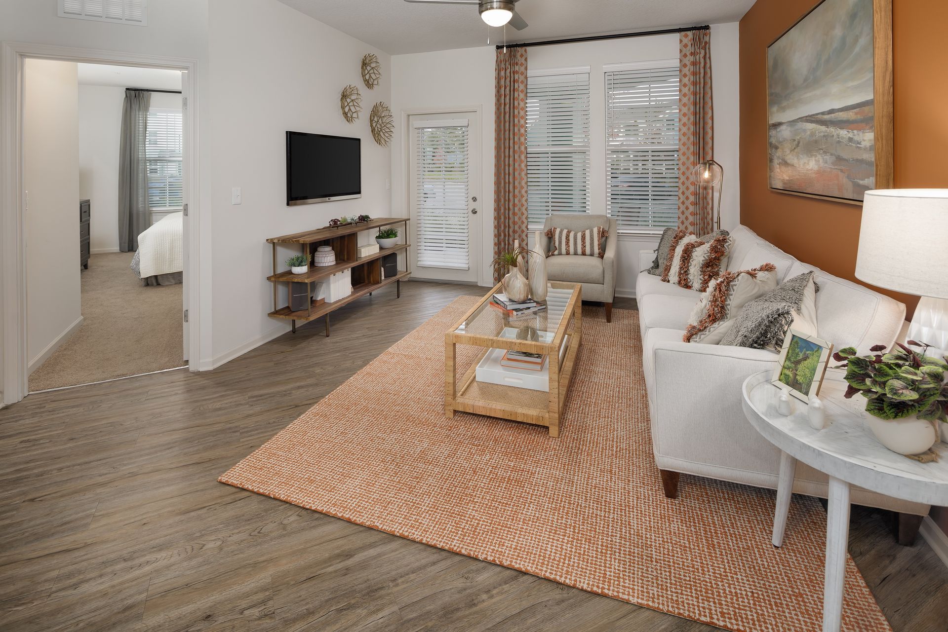 Living room with white sofa, orange rug, and a TV.