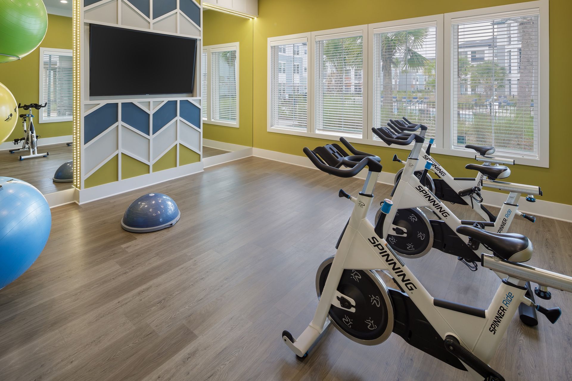 Spin bikes in a gym with a TV, mirrors, and exercise balls.