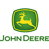 John Deere logo with a yellow deer leaping inside a green shield. Below,