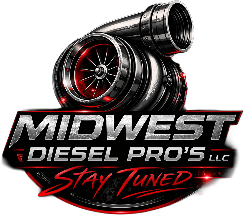 Logo for Midwest Diesel Pros: a chrome turbocharger with a flame and text.