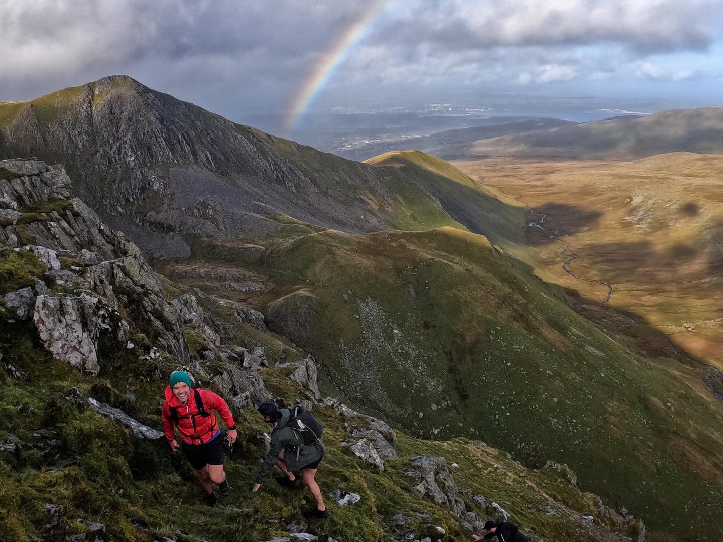 Runner in the mountains running past a flower