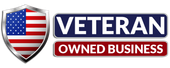 a veteran owned and operated logo with three soldiers saluting in front of an american flag .