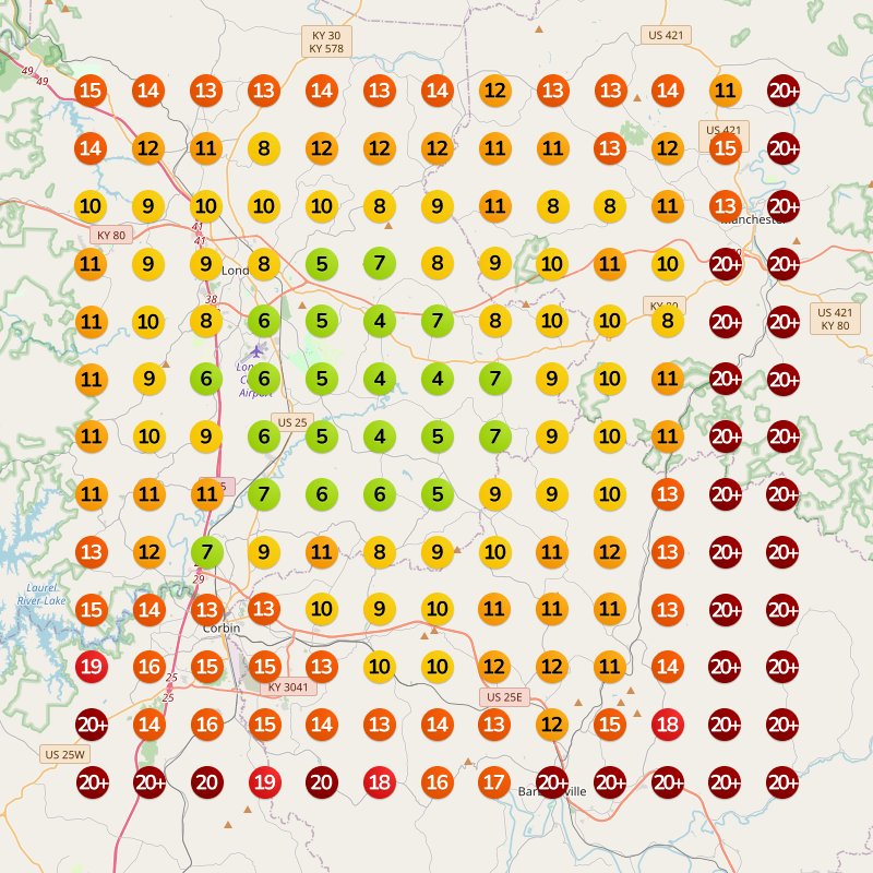 A grid map showing air quality index numbers. Green, yellow, orange, and red indicate varying levels of air pollution.