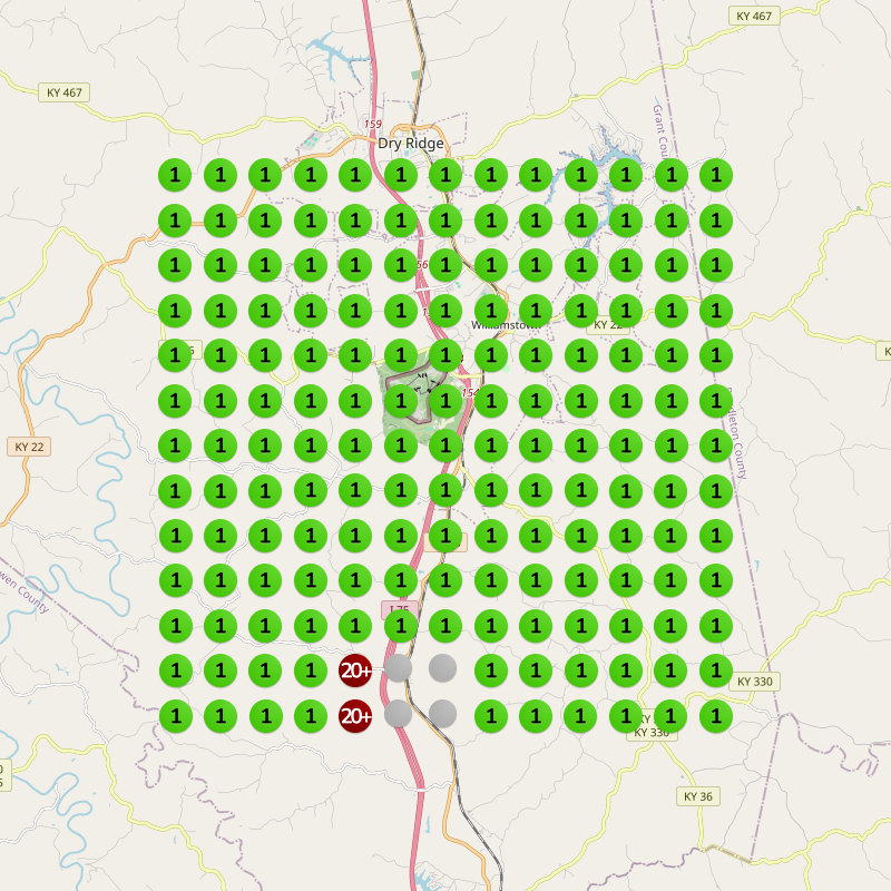 Map with green circles labeled