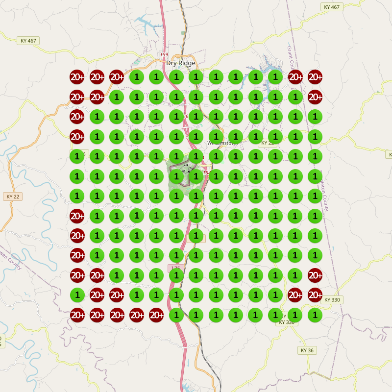 Map with a grid of green circles, each labeled