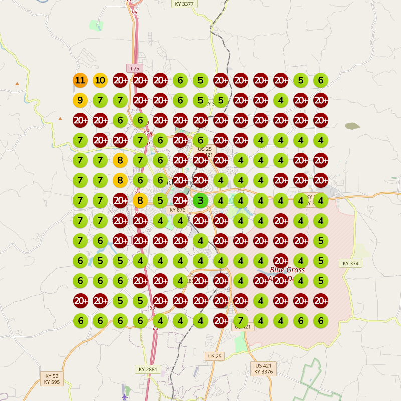 Map grid with numbered and colored data points, likely representing readings or values across an area.