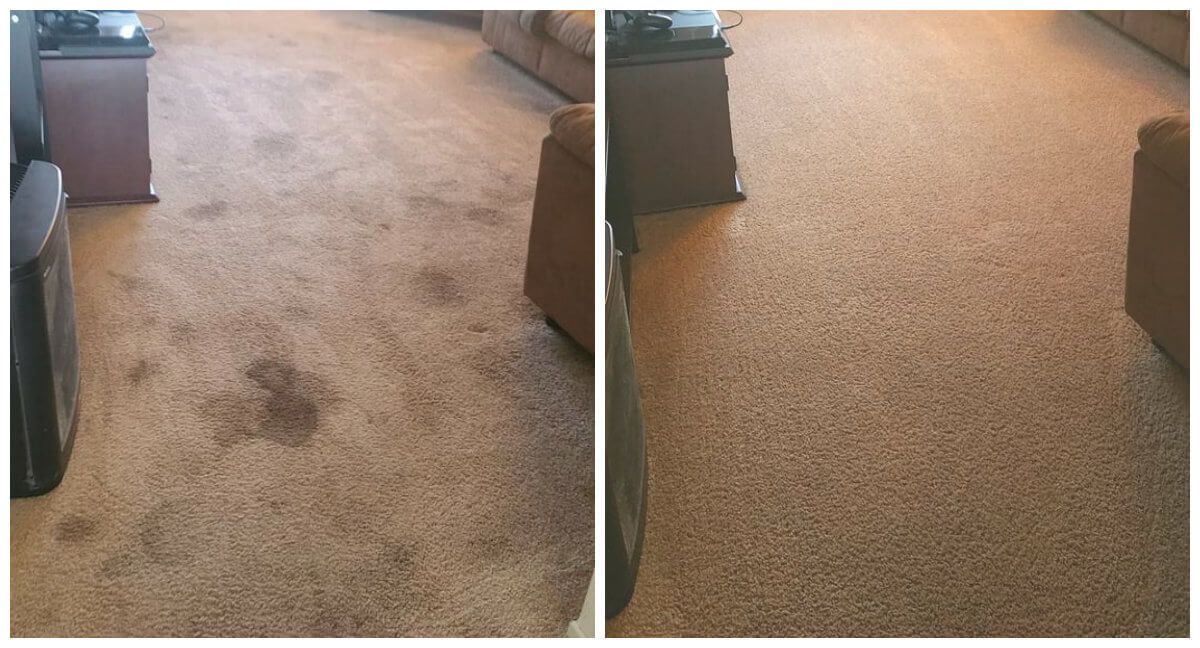 Before and after of carpet cleaning, with stains visible in the first image, and clean carpet in the second.